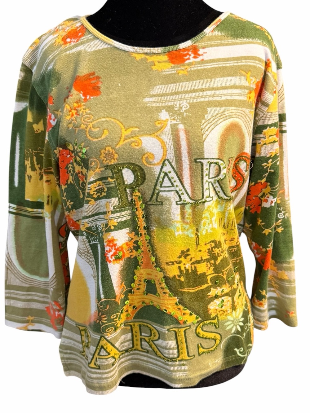 Vintage Jane Ashley Woman Paris Eiffel Tower Sequin Graphic Top 100% Cotton